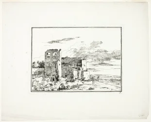 Edifici in rovina vicino alla riva di un fiume, tavola 9 da Quatrieme suite de paysages dessinés et grave a l
