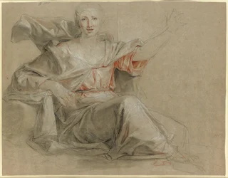 Donna seduta, con il braccio sinistro alzato