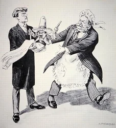 Cartone animato americano che mostra il presidente degli Stati Uniti Tuft che consegna la problematica "situazione messicana" al suo successore Woodrow Wilson nel 1913 (litografia)