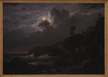 Veduta di Kullen in Svezia. Contrabbandieri nascondono le loro merci tra le rocce. Chiaro di luna