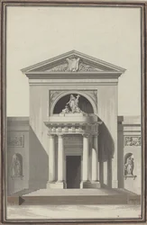 Facciata per una chiesa con una scultura rappresentante la Fede