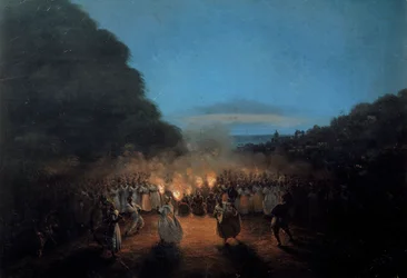 La Bamboula danza un tempo il bambù (o bastoni) nelle Indie occidentali - scena di danza di schiavi neri alla luce delle torce. Dipinto di Honoré Gamain (1803-1871), XIX secolo, La Rochelle, Museo del Nuovo Mondo