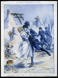 Soldati che entrano in città, uno bacia una donna, "charming spoil", Illustrazione di Louis Icart in "Fantasio" 15/12/1915