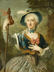 Ritratto di una signora, tre quarti di lunghezza, vestita da pellegrina, con cappello di paglia foderato di blu e piuma, 1747