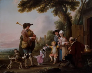 Musicisti con animali che si esibiscono davanti alle taverne