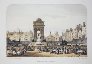 Fontana degli Innocenti (Fontana delle Ninfe), Parigi. Litografia acquarellata, illustrazione di Arnout, in "Album, souvenirs de Paris", editore Daziaro, Parigi