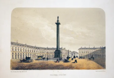 Colonna Vendome, Parigi. Litografia acquerellata, illustrazione di Arnout, in 