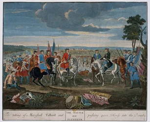La cattura del maresciallo Tallard e la spinta di 4000 cavalli nel Danubio alla battaglia di Blenheim nel 1704, c.1760