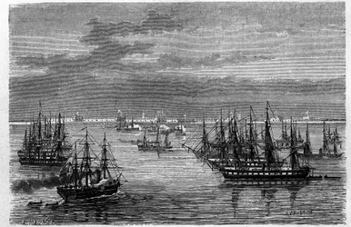 Veduta della squadra anglo-francese alla foce del fiume Hai He nel Mare di Bohai a Tanggu, Cina. Incisione di Lebreton, in “Le Tour du Monde, Nouveau journal des Voyages”, a cura di Edouard Charton, Parigi