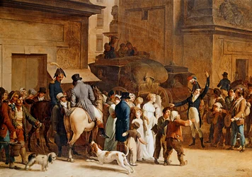 Partenza delle reclute da Porte Saint Denis a Parigi per combattere nelle guerre napoleoniche (dipinto su tela)