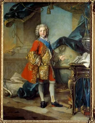Ritratto a figura intera del delfino Luigi di Francia (1729-1765) figlio di Luigi XV, nel suo studio
