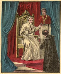 Louis-Gaston de Segur (1844-1879) vescovo francese in Vaticano davanti a Papa Pio IX - Incisione da Insegnamento religioso per gli occhi. Meraviglioso Album di Louis Maitrejean e Georget Ramond - Francia 1910