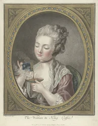Busto di una giovane donna che beve caffè