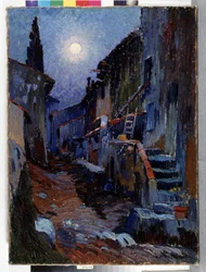 Auriol, vicolo con luce lunare Dipinto di Louis Mathieu Verdilhan (1875-1928) Dim. 81x59 cm