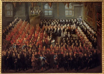 Letto di giustizia tenuto da Luigi XV (1710-1774) nella Grande Camera del Parlamento di Parigi per annullare il testamento di Luigi XIV (1638-1715)