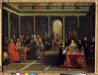 La regina Cristina di Svezia, circondata dalla sua corte, ascolta il filosofo René Descartes durante una dimostrazione di geometria; alla presenza del principe di Condé, Elisabetta di Baviera, principessa palatina, e padre Mersenne. Dipinto di Louis