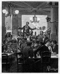 Al centro, su un tavolo, Desroches dirige il charivari. Scena in un caffè parigino: persone cantano, bevono, fumano, chiacchierano e flirtano attorno ai tavoli. In “Trente ans de Paris”, raccolta autobiografica di Alphonse Daudet (1840-1897). Incisione da
