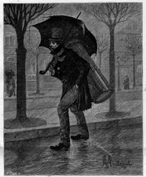 Povero raccolto! Povera cicala bagnata! ... Suonatore di tamburo in miseria che cammina sotto la pioggia per le strade di Parigi. In "Trenta anni di Parigi" raccolta autobiografica di Alphonse Daudet (1840-1897). Incisione dopo le illustrazioni di Montegut