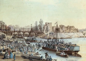 Nave carica di passeggeri che arriva al molo. Disegno di Louis de Lespinasse (1734-1808) 1782. Parigi, Museo Carnavalet