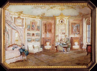 Coperchio di una tabacchiera decorato con una miniatura rappresentante una stanza sotto Luigi XV