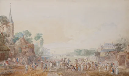 Il Duca di Penthievre con Benjamin Franklin alla sua destra durante una revisione del suo reggimento volontario vicino al suo castello a Rambouillet