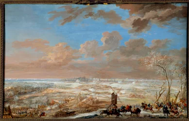 Guerra di successione austriaca (1741-1748): "Assedio di Bruxelles sotto la neve da parte del maresciallo di Sassonia dal 7 al 20 febbraio 1746" Gouache di Louis Nicolas Van Blarenberghe (1716-1794) 1781 Sole. 0,59x0,94 m Versailles, museo del castello