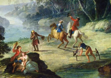 Una caccia con falchi, dettaglio di un cavaliere e un falconiere