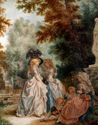 Passeggiata nel parco (giovani donne eleganti durante un momento di relax in un giardino, acquerello di Louis Trinquesse, XVIII secolo, Parigi, Musee Carnavalet)