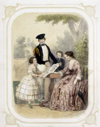 Famiglia intorno a un libro di immagini - in “Album du jeune voyageur”, illustrato da Louis Lassalle