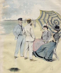 Bagni di mare: sulla spiaggia. da L. Vallet. Acquerello. 1892