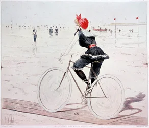 Donna in bicicletta sulla spiaggia - disegno di L. Vallet