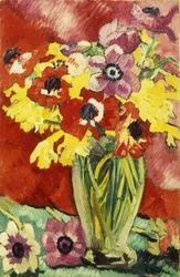 Vaso di cristallo con anemoni e narcisi