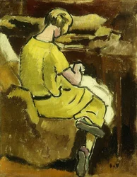 Donna in Giallo che Cuce