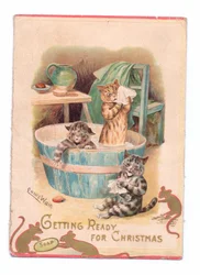 Cartolina di Natale vittoriana di due gatti in una vasca da bagno mentre due topi giocano con una saponetta, c.1880