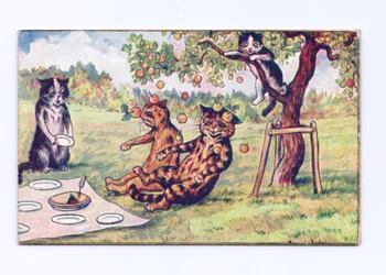 Cartolina vittoriana di auguri di mele che cadono su due gatti durante un picnic, c.1880