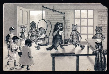 Nous profitons du beau temps. Animali in postura umana. Gatto in fantino che si pesa su una bilancia. Cartolina. Cromolitografia di Louis Wain (1860-1939), artista inglese noto per la sua rappresentazione di gatti dagli occhi grandi. Inizio del 20° secolo.