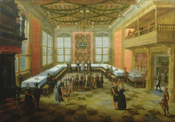 Figure eleganti che si radunano in una sala da banchetto
