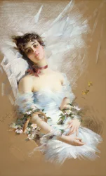 Bellezza reclinata con cesti di fiori