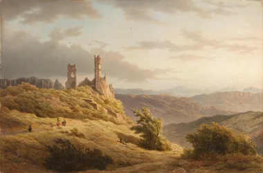 Paesaggio montuoso con una rovina