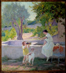 Madame Prat e sua figlia nel giardino con la capretta