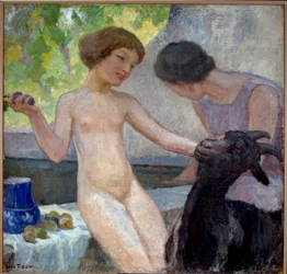 Ragazza nuda che gioca con una capra. Dipinto di Joseph Loys Prat (1879-1934), XX secolo. Donzere, municipio.