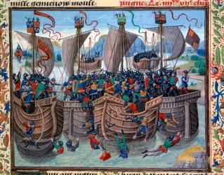 Veduta della Battaglia di Guernsey tra francesi e inglesi che oppongono Robert d