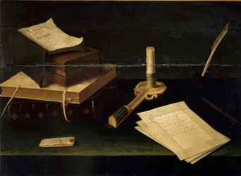 Natura morta di libri, piuma, lettera e candela