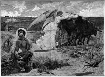 San Isidoro, patrono degli aratori. Un angelo aiuta San Isidoro ad arare un campo con un aratro. XIX secolo. Incisione dal dipinto di Luc Olivier Merson (1846-1920). In "Il Mondo Illustre" n°1294 del 21 gennaio