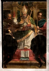 Genova, Duomo (Cattedrale di San Lorenzo): "San Gottardo tra San Paolo e San Giacomo e due devoti inginocchiati" (1571), di Luca Cambiaso (con ridipinture di Carlo Giuseppe Ratti)