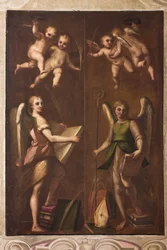 Genova, Duomo (Cattedrale di San Lorenzo), sacrestia, cappella: "Angeli con insegne episcopali, libri e rami di palma", di Luca Cambiaso, circa 1580
