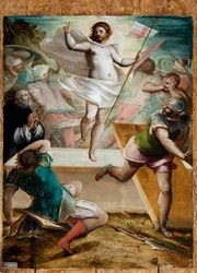 Resurrezione, Gesù tiene una croce di bastone alla fine della quale sventola uno stendardo con una croce rossa