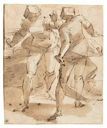 Due figure animate che gesticolano (penna e inchiostro, gesso e lava su carta)