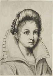 Busto ritratto di una donna con un grande colletto, dalla Scuola Perfetta per Imparare a Disegnare l