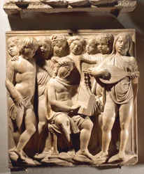 Laudate Eum in chordis et organo (Salmo 150, Laudate Dominum), pannello con ragazzi che cantano accompagnati da organo, arpa e liuto
